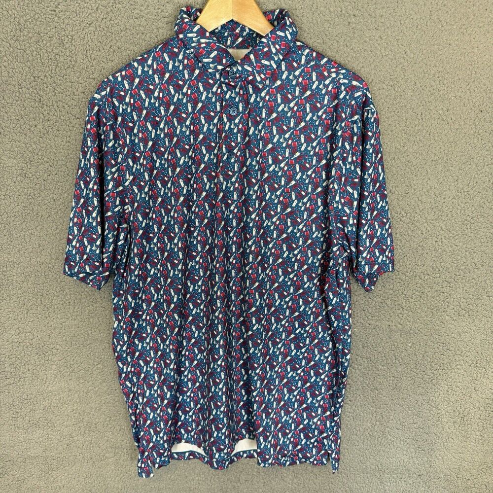 1764 Golf Polo‎ Shirt Mens M Blue Performance Stretch Short Sleeve Wine Bottles